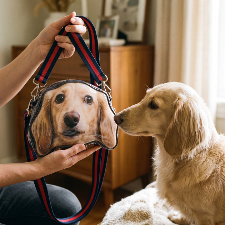 The bag held up beside the real dog's head to show the scale