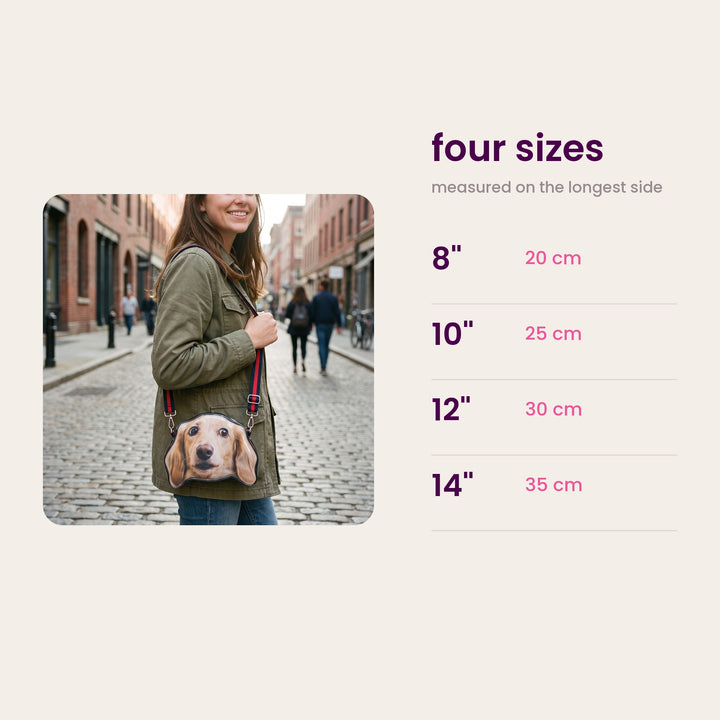 Size chart: four sizes measured on the longest side, 8, 10, 12 and 14 inches