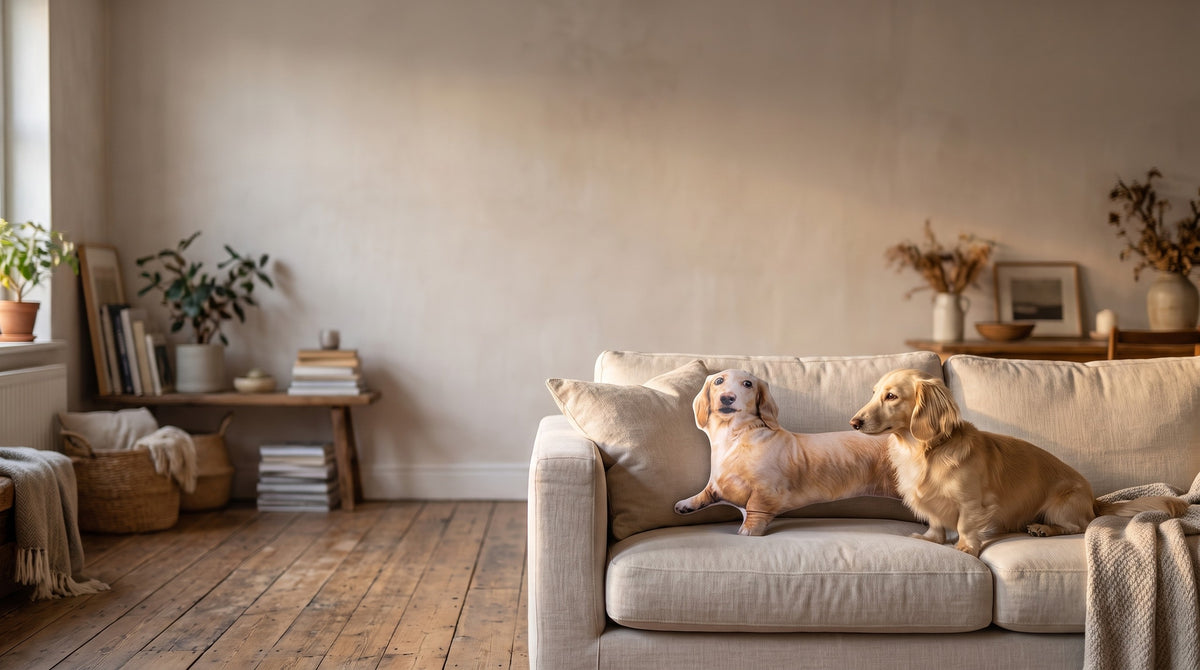 A real dachshund and its dog-shaped pillow sitting side by side on a sofa