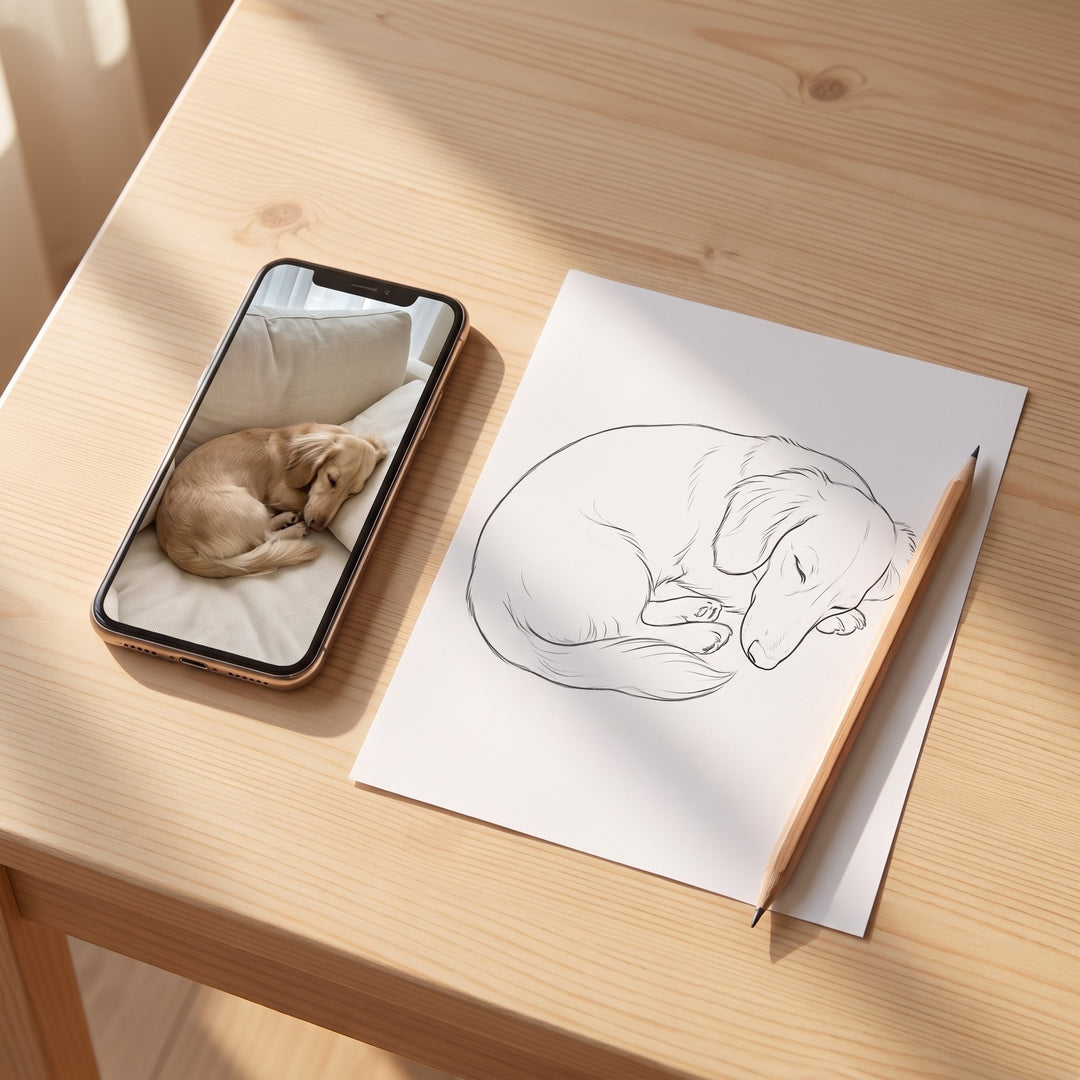 A phone showing a photo of a sleeping dog beside the same dog traced as a cut outline
