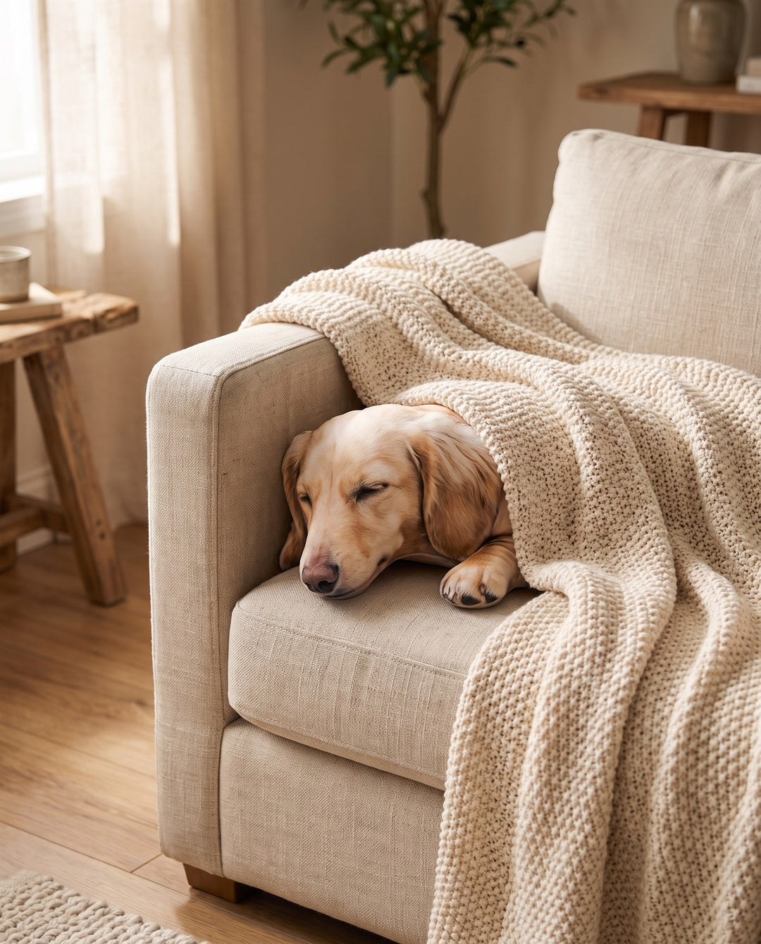 A dog-shaped pillow tucked under a knitted throw on an armchair