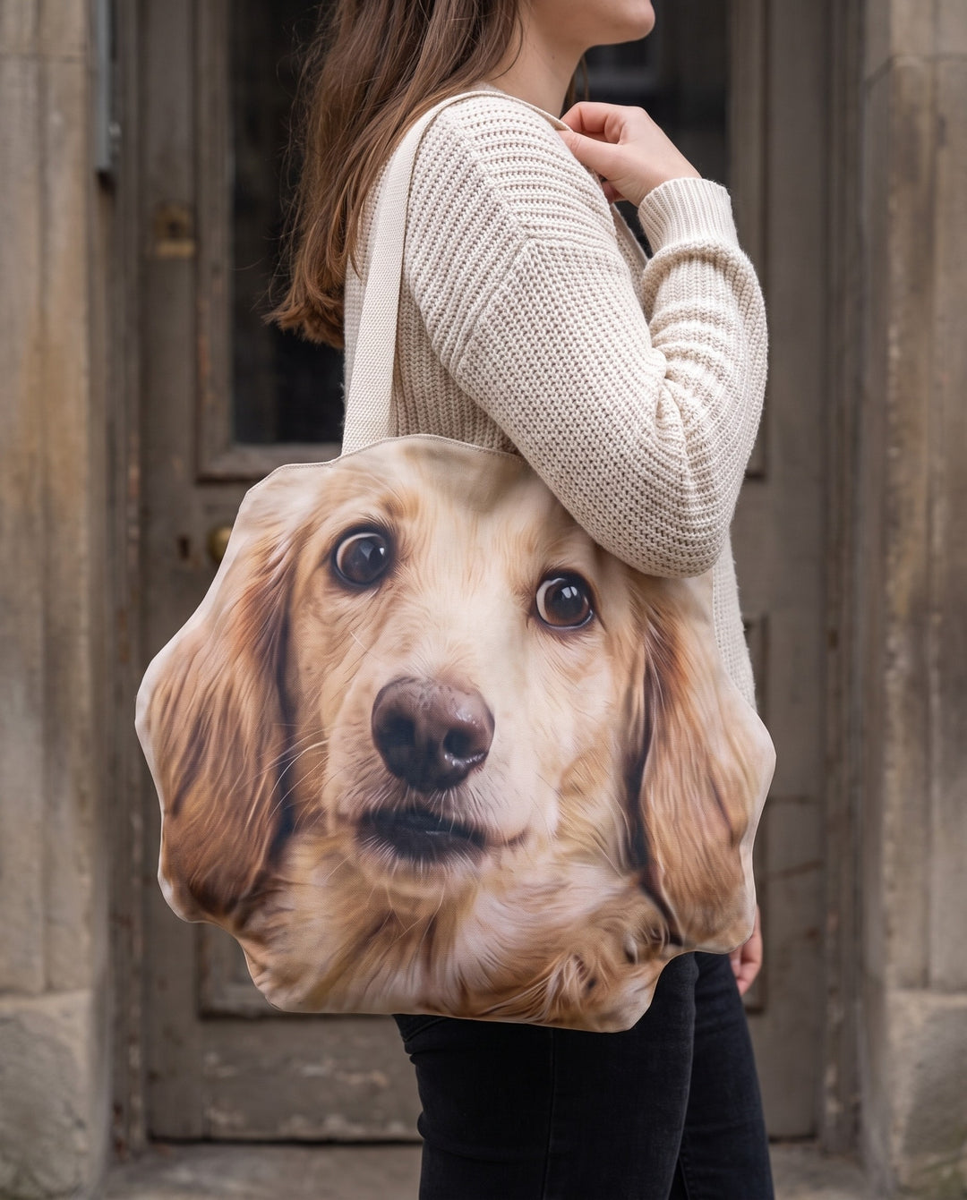 A canvas tote cut to the shape of a dog's head, carried on the shoulder