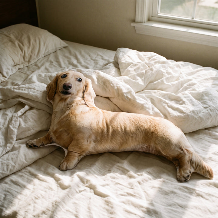 The pillow lying on the bed in the sunlight, where the dog usually lies
