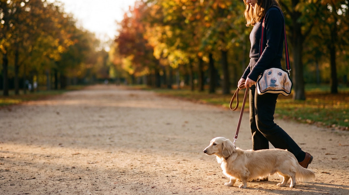 A dog-head-shaped crossbody bag worn on a walk in the park