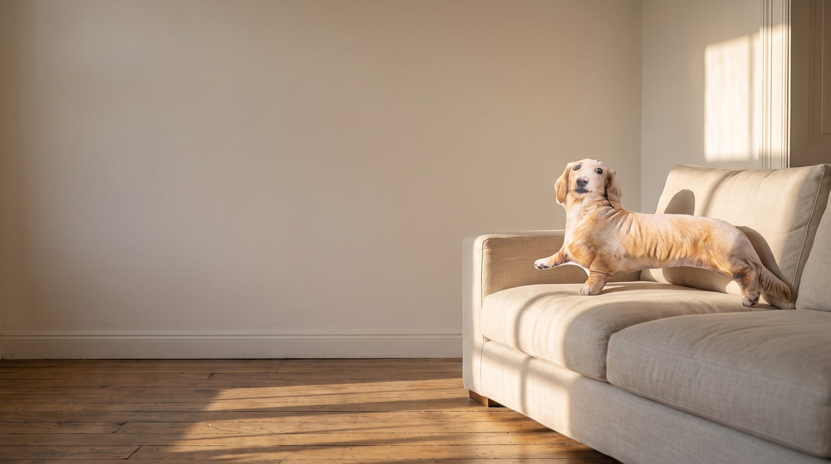 A dog-shaped pillow propped on a sunlit linen sofa
