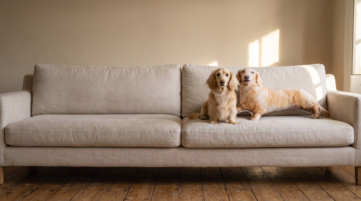 A real dachshund sitting on a sofa beside its own dog-shaped pillow. One of them is a pillow.