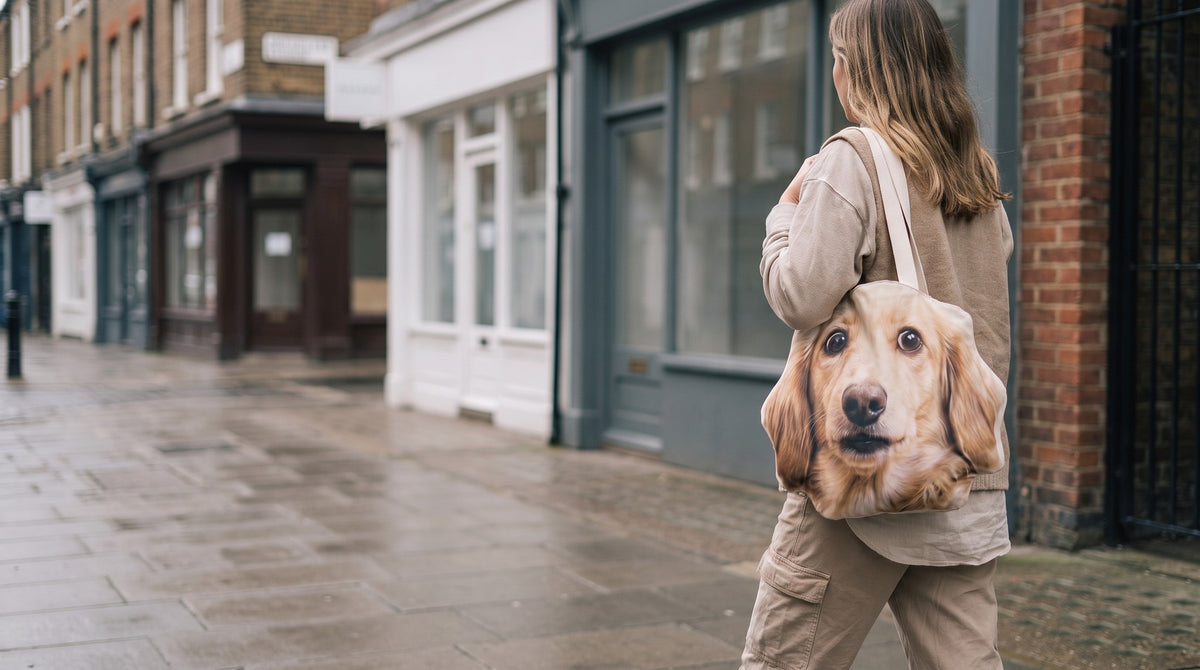 A dog-head-shaped canvas tote carried along a quiet street