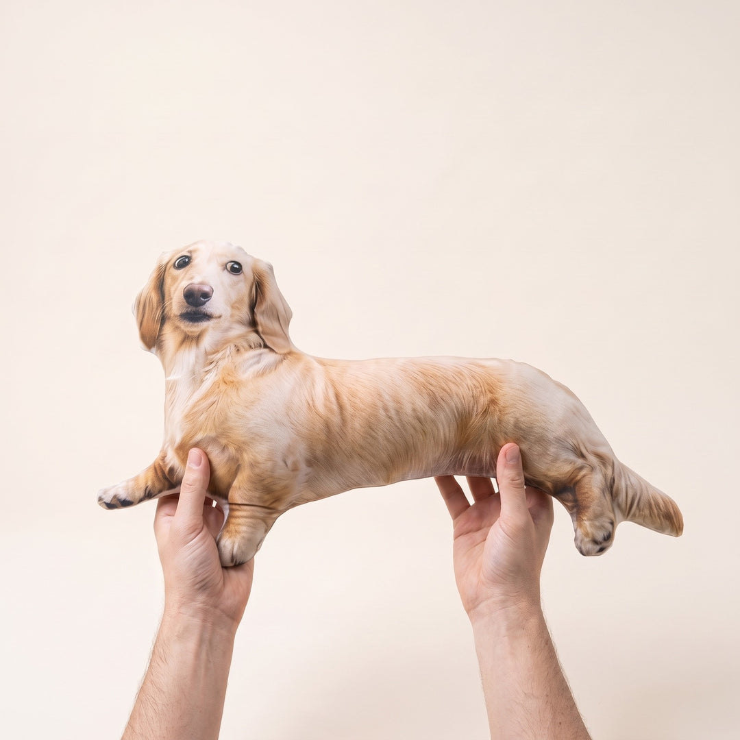 Two hands holding up a pillow cut to a dachshund's outline, printed right to the cut edge