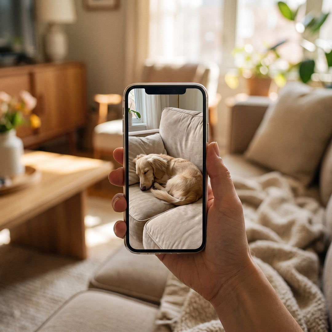 A phone showing a photo of a sleeping dog