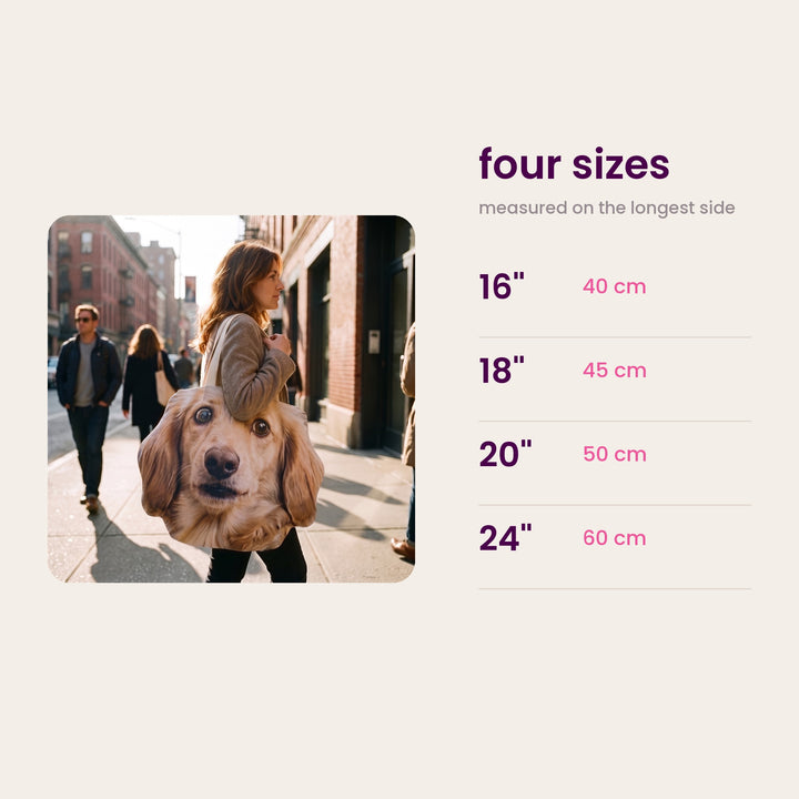 Size chart: four sizes measured on the longest side, 16, 18, 20 and 24 inches