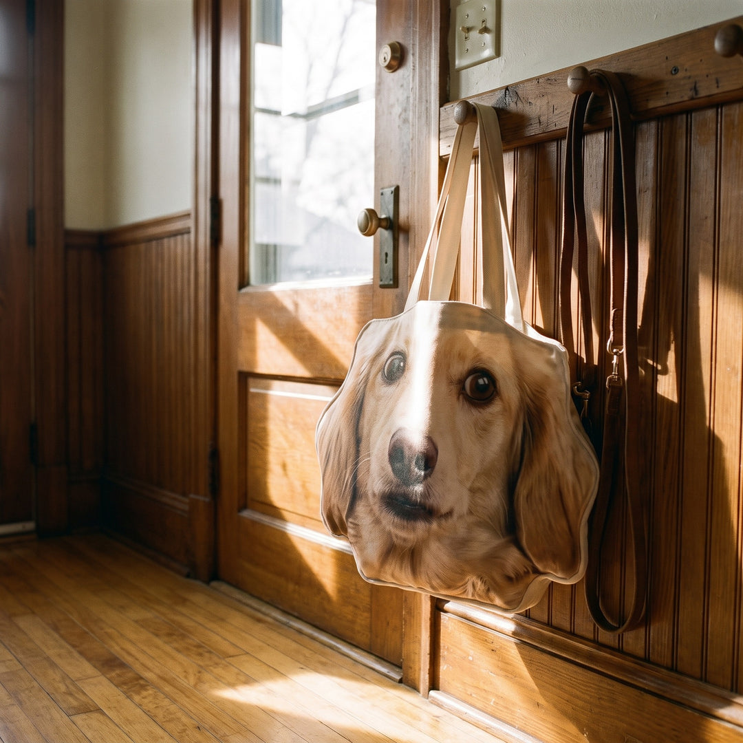 The tote hanging on a hook by the front door beside the lead