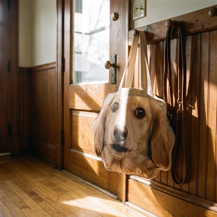 The tote hanging on a hook by the front door beside the lead