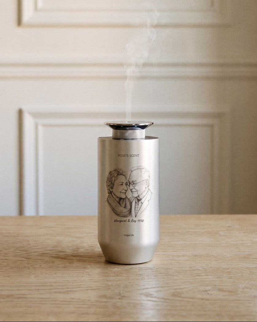 The engraved diffuser on a table in morning light