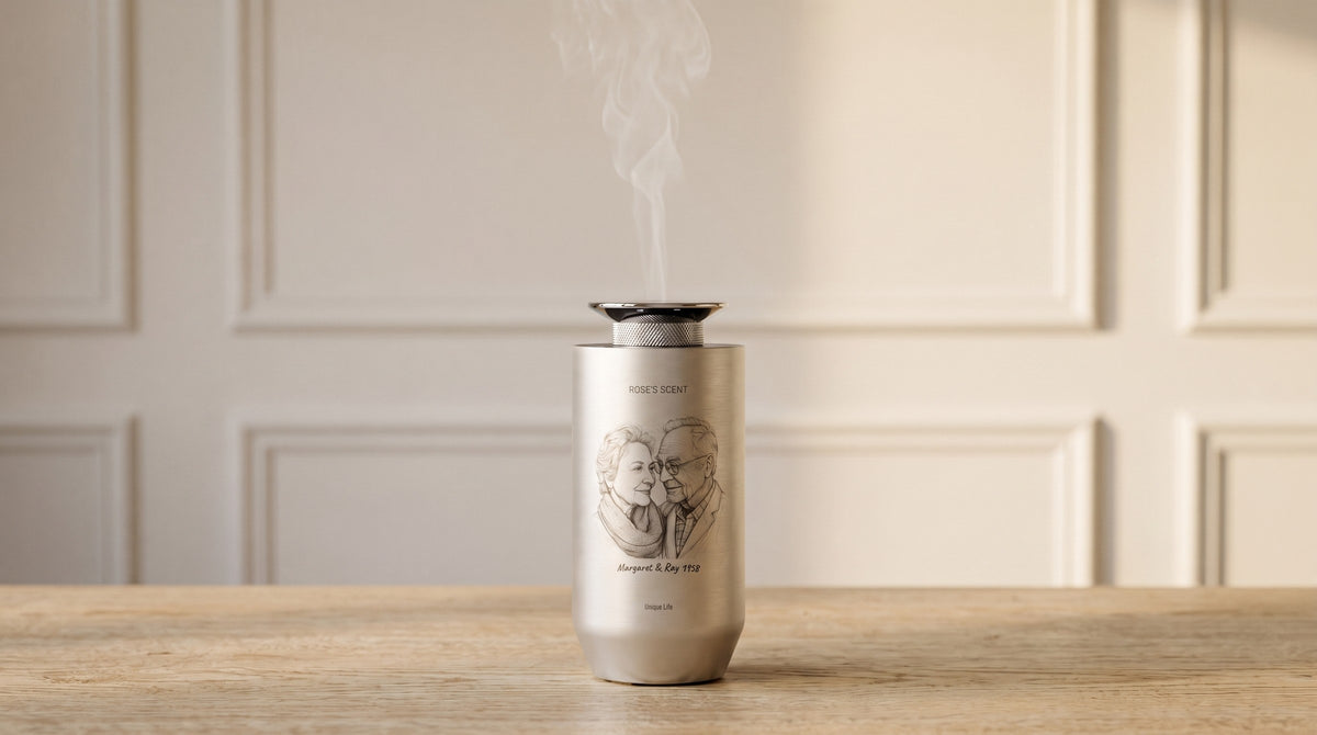 The engraved diffuser on a table in morning light